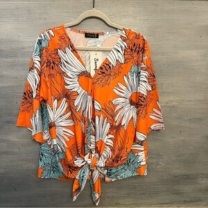 Sucrefas Orange Large Daisy Print Front Tie Short‎ Sleeve Blouse Large NWT